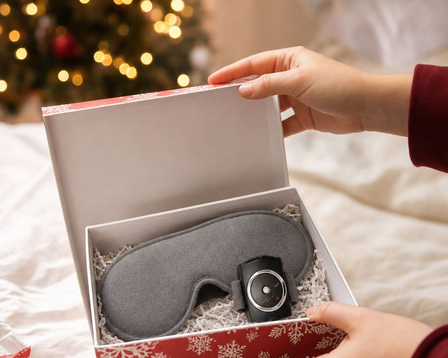 The wristband and a sleep mask in a gift box