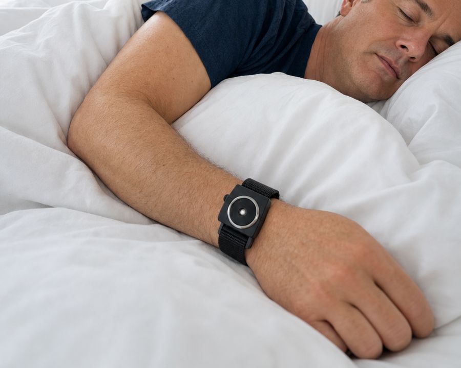 The wristband on a sleeping man's wrist